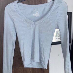 Light Blue Ribbed V-Neck Top
